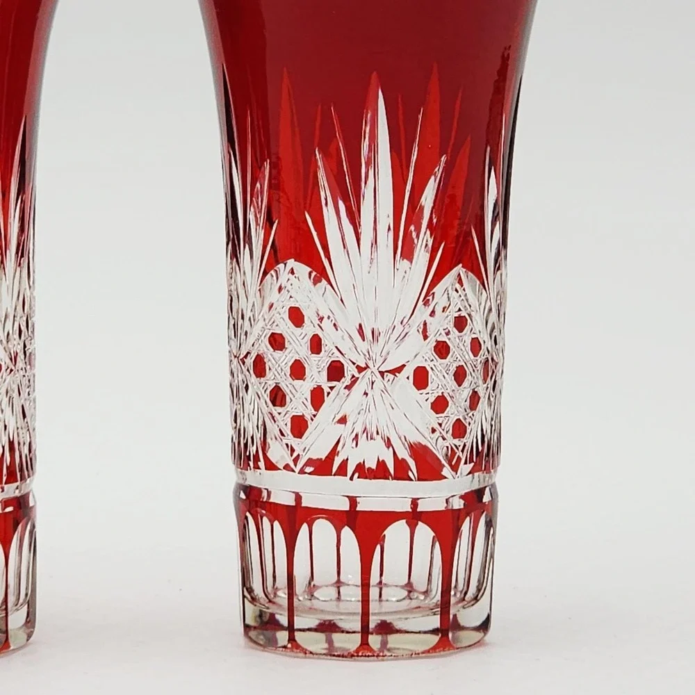 Vintage Bohemian Ruby Red Cut to Clear Crystal Tumbler Highball Glasses Pair